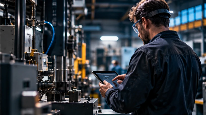 Illustratief beeld: technicus werkt met een tablet naast een machine in een productiehal