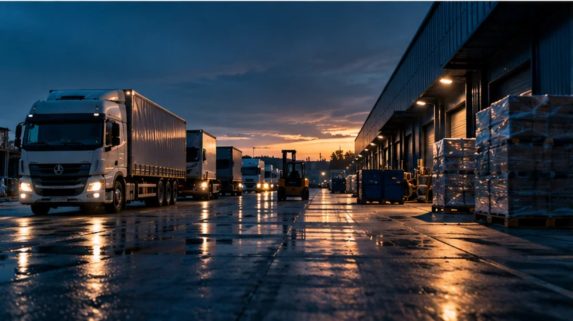 Illustratief beeld: vrachtwagens aan de laadkades van een logistiek centrum